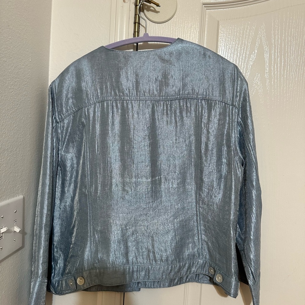 Ruby Rd. Shiny Silver-Blue Jean Jacket - Picture 2 of 4